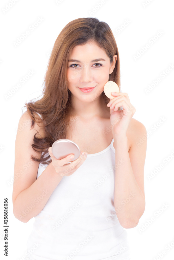 Portrait of beautiful asian woman applying powder puff at cheek makeup of cosmetic, beauty of girl with face smile isolated on white background, wellness and healthcare concept. Portrait of beautiful asian woman applying powder puff at cheek makeup of cosmetic, beauty of girl with face smile isolated on white background, wellness and healthcare concept.