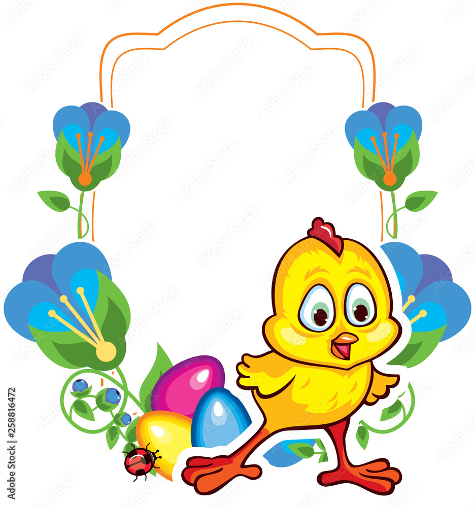 Flower frame with cute little chicken and Easter eggs