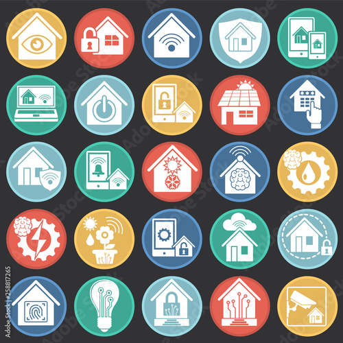 Smart home related icons set on color circles background for graphic and web design. Simple vector sign. Internet concept symbol for website button or mobile app.