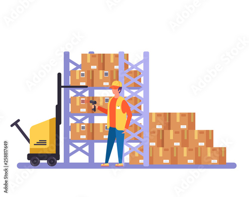 Warehouse worker character scanning barcode carton boxes. Vector design graphic flat cartoon isolated illustration