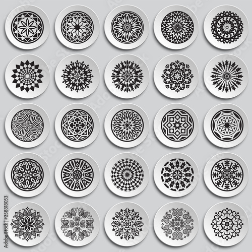 Mandala icons set on plates background for graphic and web design. Simple vector sign. Internet concept symbol for website button or mobile app.