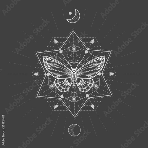 Vector illustration with hand drawn butterfly and Sacred geometric symbol on black background. Abstract mystic sign.