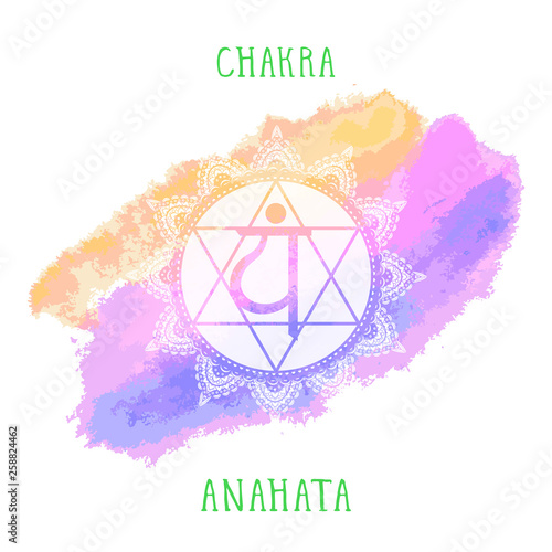 Vector illustration with symbol Anahata - Heart chakra and watercolor element on white background.