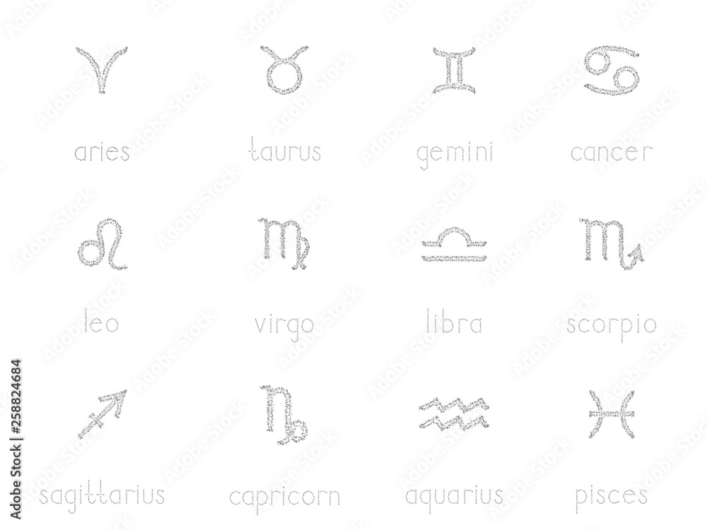 Vector set of zodiac signs on a white background. Dot graphics.