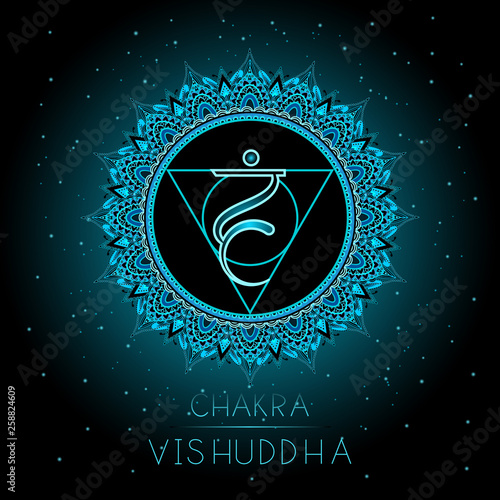 Vector illustration with symbol Vishuddha - Throat chakra on black background. photo