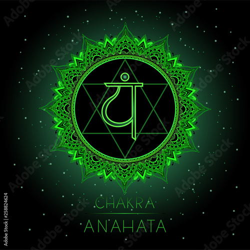 Vector illustration with symbol Anahata - Heart chakra on black background.