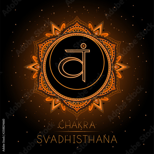 Vector illustration with symbol Svadhishana - Sacral chakra on black background.