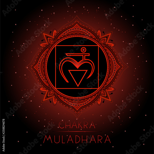Vector illustration with symbol Muladhara - Root chakra on black background.