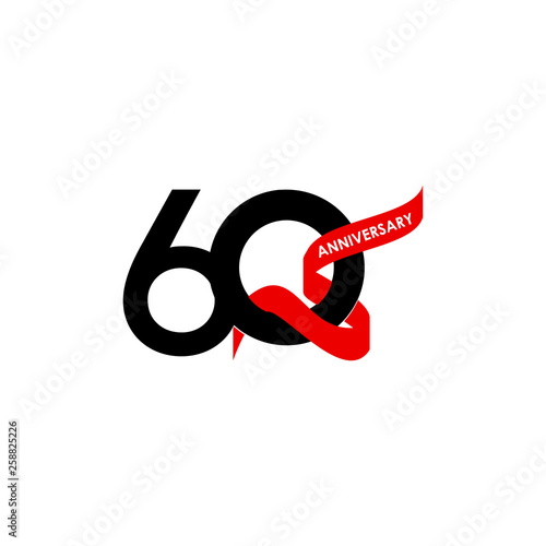 60 Year Anniversary Black Red Ribbon Vector Template Design Illustration