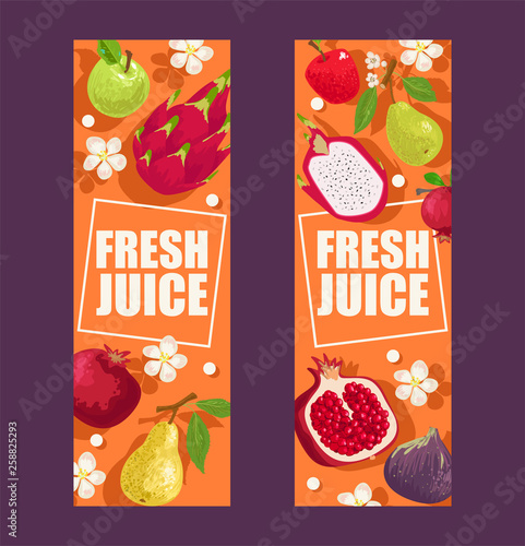 Tropical fruits set of banners vector illustration. Exotic summer products su...