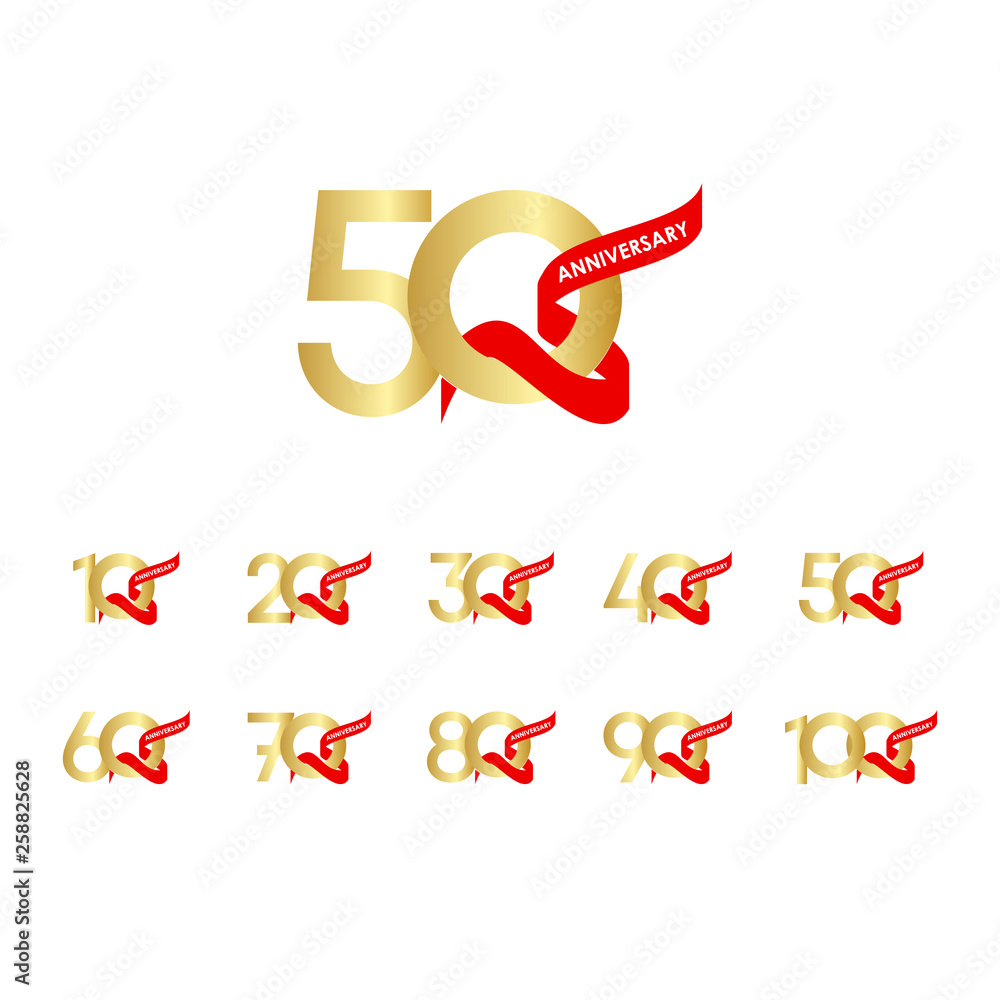 50 Year Anniversary Gold Red Ribbon Set Vector Template Design Illustration 50 Year Anniversary Gold Red Ribbon Set Vector Template Design Illustration