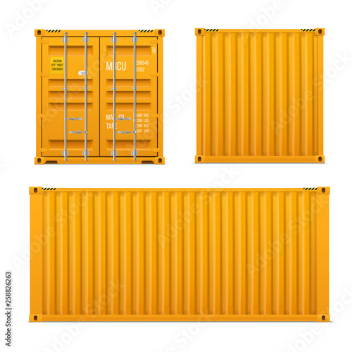Realistic bright yellow cargo container set. The concept of transportation. Closed container. Front, back and sid