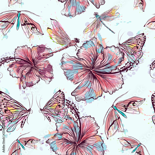Fashion vector floral pattern from hibiscus flowers and dragonflies