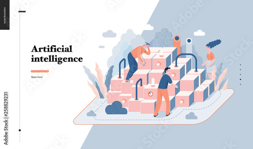 Technology 3 -Artificial intelligence -modern flat vector concept digital illustration Artificial Intelligence metaphor, abstract. Business workflow management Creative landing web page design