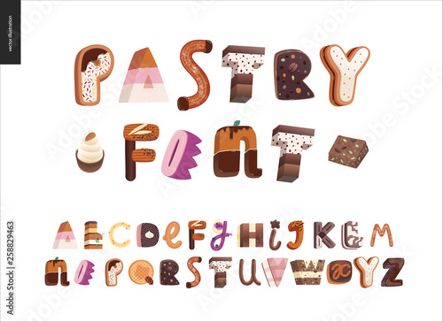 Dessert font - modern flat vector concept digital illustration of temptation font, sweet lettering. Caramel, toffee, biscuit, waffle, cookie, cream and chocolate letters
