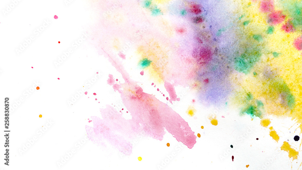 Abstract watercolor hand painting background. Spray and gradient transitions. Crimson, purple, yellow and green colors.