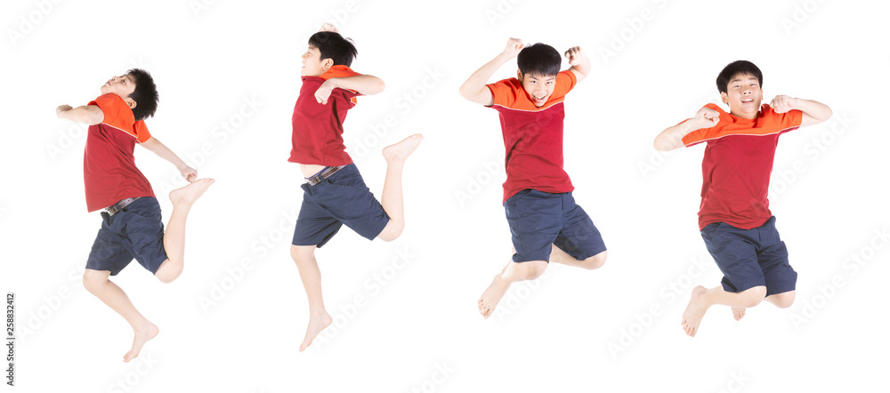 Group of asian funny child boy jumping on white background.