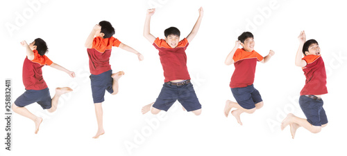 Group of Asian funny child boy jumping on white background.