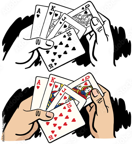 A pair of hands holding a Royal Flush poker hand. 