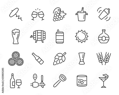 set of alcohol icons, such as wine, champagne, beer, whisky, cocktail, glass