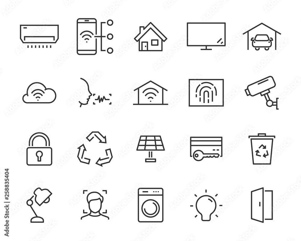 set of smart house icons, such as security, voice control, application, eco system set of smart house icons, such as security, voice control, application, eco system