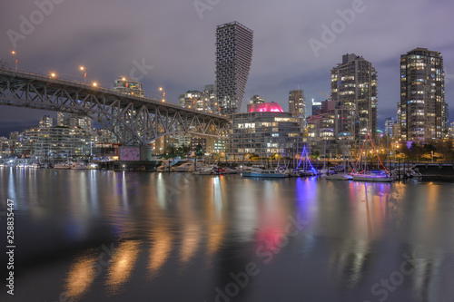 A night view of downtown Vancouver and the Granville Street bridge.