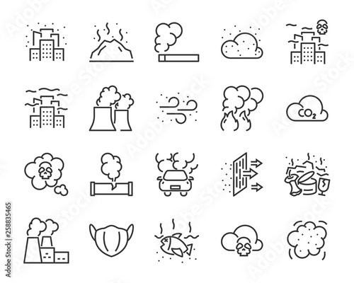 set of air pollution icon, fire, smoke, dust, carbon, smog