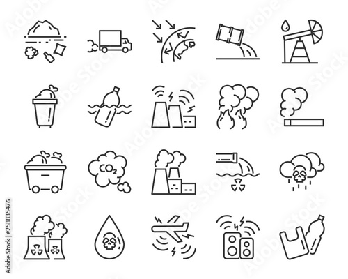 set of air pollution icon, fire, smoke, dust, carbon, smog