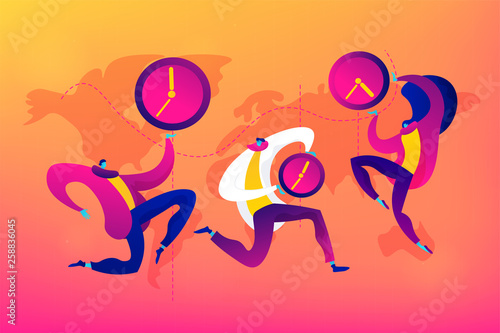Time zones, international time, world business time concept. Vector isolated concept illustration with tiny people and floral elements. Hero image for website.