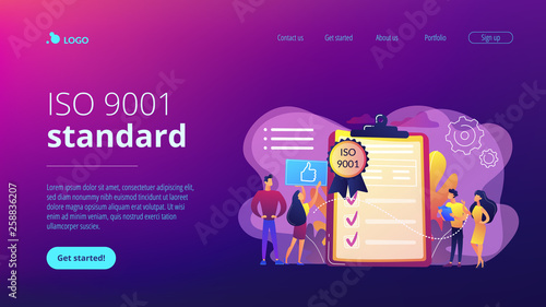 Tiny business people like standard for quality control. Standard for quality control, ISO 9001 standard, international certification concept. Website vibrant violet landing web page template.