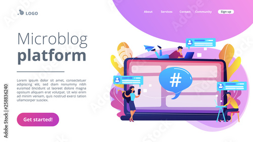 Tiny people customers receive messages from microblogging service. Microblog platform, microblogging market, microblog marketing service concept. Website vibrant violet landing web page template.