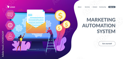Cusromer receiving automated marketing message, tiny people. Marketing automation system, automated advertise message, marketing dashboard concept. Website vibrant violet landing web page template.