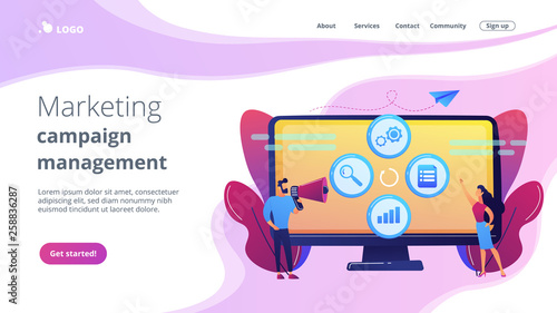 Tiny people managers plan and analyse campaign. Marketing campaign management, marketing strategy execution, campaign efficiency control concept. Website vibrant violet landing web page template.