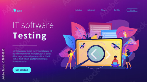 People catching bugs on the laptop screen with angle brackets. IT software application testing, quality assurance, QA team and bug fixing concept. Violet palette. Website landing web page template.