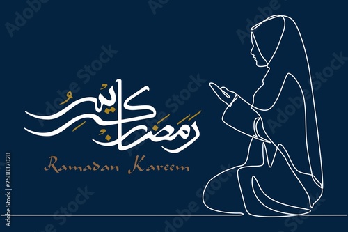 continuous line drawing with Ramadan Kareem background with a woman praying. Ramadan mubarak greeting card, an invitation to the Muslim community. Vector illustration in single line style