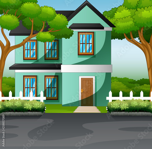 Countryside family house with front yard lawn concept