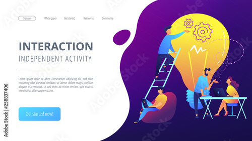 People working in friendly open space workplace. Coworking, freelance, teamwork, communication, interaction, idea, independent activity concept, violet palette. Website landing web page template.