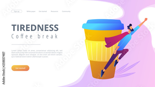 A man sitting tired at the desk and another flying full of energy after cup of coffee. Coffee break, low energy, tiredness, energizing concept, violet palette. Website landing web page template.