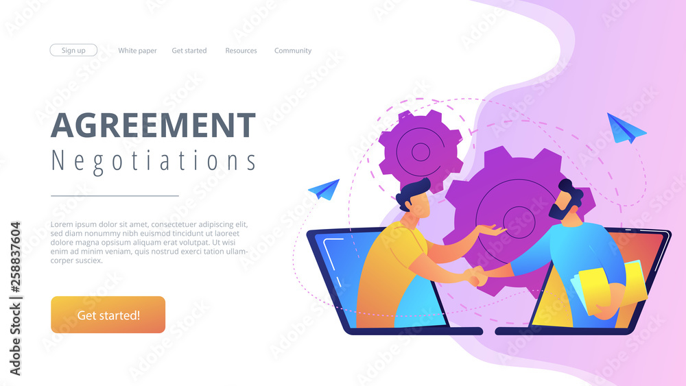 Businessmen shaking hands through laptop screens as online business, conference, meeting, network, deal, negotiations, agreement concept, violet palette. Website landing web page template.