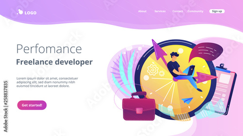 A freelance developer sitting on the clock hands with a laptop. Time management, productivity, efficiency, work rate, perfomance concept, violet palette. Website landing web page template.