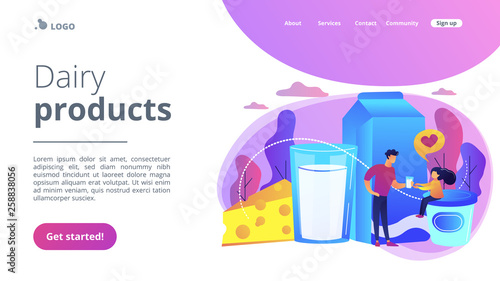 Dairy products, cheese, yoghurt and kid likes drinking milk, tiny people. Dairy products, milk based nutrition, dairy products production concept. Bright vibrant violet vector isolated illustration