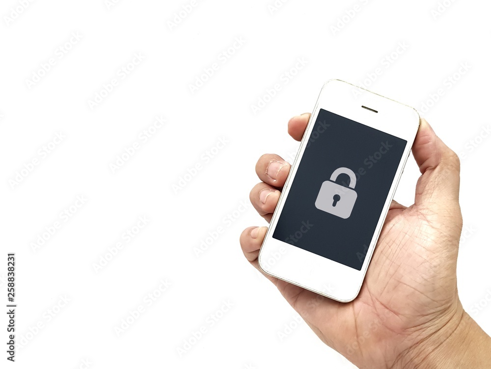 Hand holding mobile smart phone with security lock warning icon show on black screen, isolated on white background. Hand holding mobile smart phone with security lock warning icon show on black screen, isolated on white background.