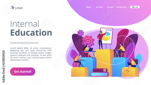 Employees with laptops learning at professional trainig. Internal education, employee education, professional development program concept. Website vibrant violet landing web page template.