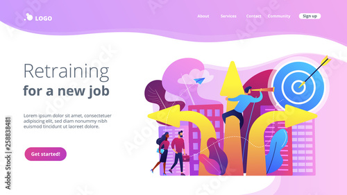 Business people and empolyee choosing new career direction arrow with target. Career change, alternative career, retraining for a new job concept. Website vibrant violet landing web page template.