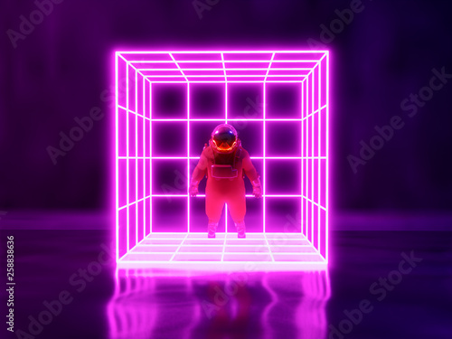 astronaut  and neon light background , 3d render