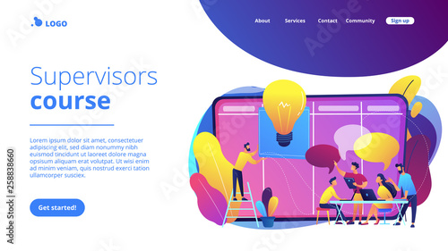 Managers at workshop training manager skills and brainstorming at board. Managers workshop, supervisors course, management skills training concept. Website vibrant violet landing web page template.