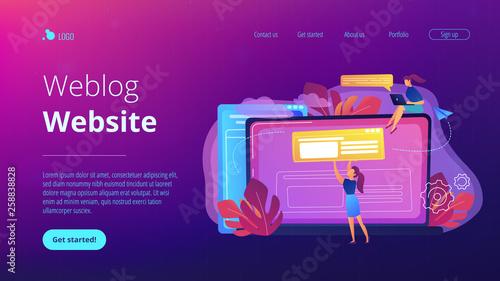 A girl makes a post on big laptop. Bloger is shareing information in weblog, online journal or informational website. Bloging and personal web log concept. Violet palette. Website landing web page.