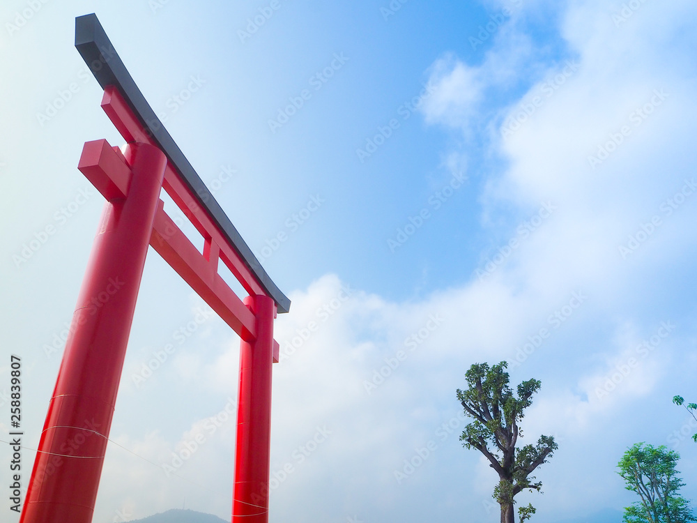 Red torii with background blue sky. Red torii with background blue sky.