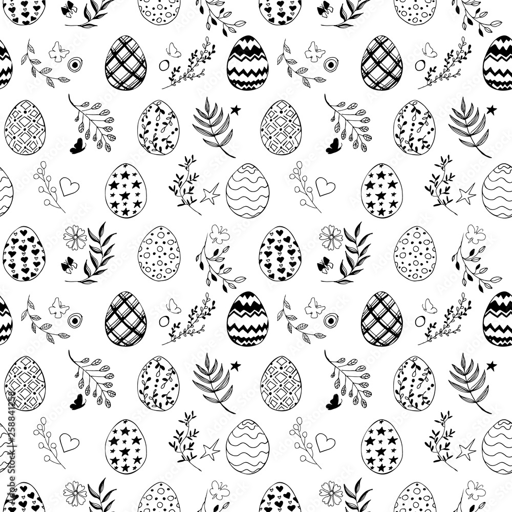 Seamless easter pattern with ornamental black hand drawn eggs, leaves, butterflies on white background. Easter holiday background. Vector illustration. Seamless easter pattern with ornamental black hand drawn eggs, leaves, butterflies on white background. Easter holiday background. Vector illustration.