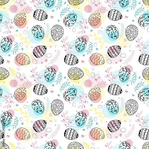 Seamless easter pattern with ornamental hand drawn eggs, leaves, butterflies and transparent colorful dots . Easter holiday colorful background. Vector illustration.